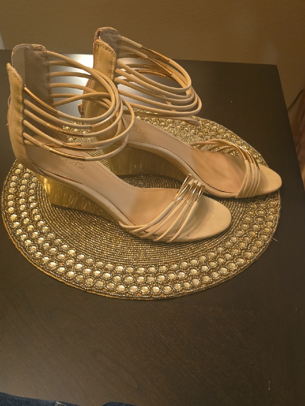Aldo Nude Strappy Wedge Sandals with Gold Accents